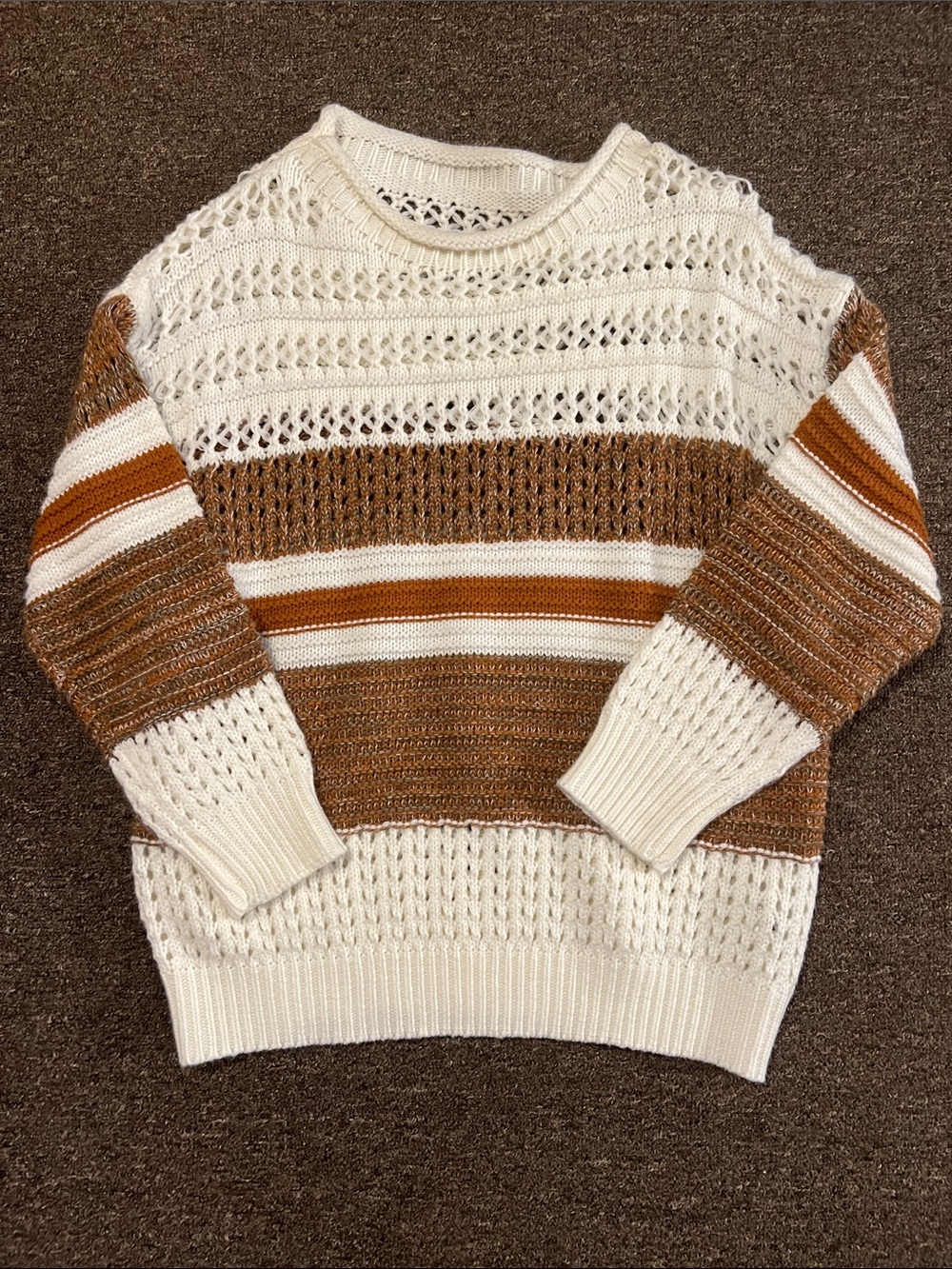 Women's Cream and Brown Striped Open-Knit Sweater